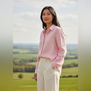 Tommy Bahama 100% Linen Preppy Nautical Button Up Shirt Women M Pink Long Sleeve